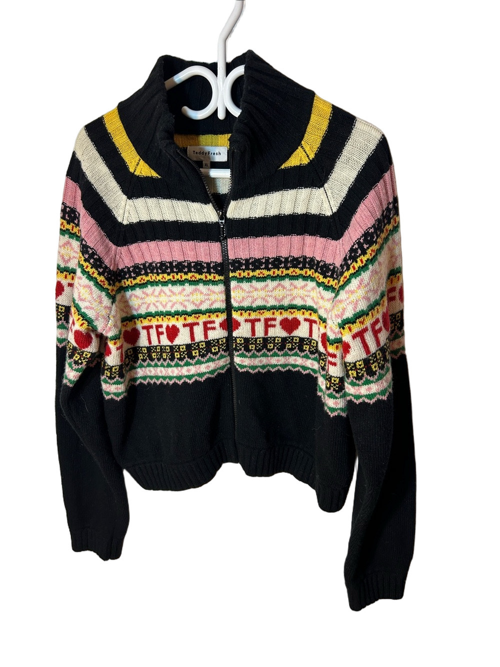 Teddy Fresh Black Multi-Color Zip-Up Knit Sweater Fair Isle size XL merino wool